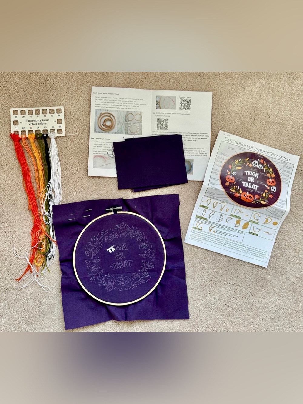 Halloween Embroidery Kit Beginner DIY Trick Or Treat Hand Needlepoint Hoop Craft